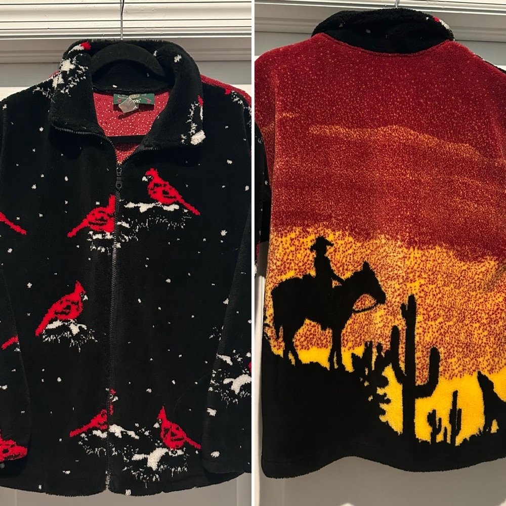 Rare Vintage Orvis Red Cardinal and Cowboy Back Fleece Jacket Size M petite